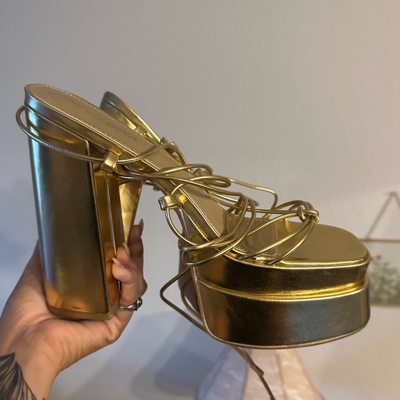 Gold Platform Lace-Up Block Heels • Size 11 - Picture 3 of 7